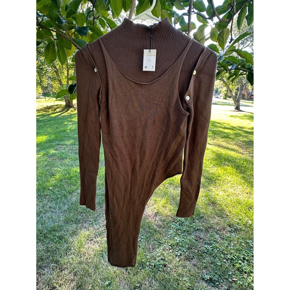 NWT ZARA Women's Asymmetrical High Neck Olive  Knit Ribbed Top SZ Small